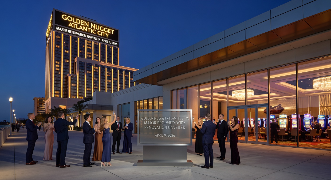 Interior shot of the newly renovated Lightning Link Lounge at Golden Nugget Atlantic City, showcasing rows of glowing Aristocrat slot machines amid plush seating and dynamic lighting