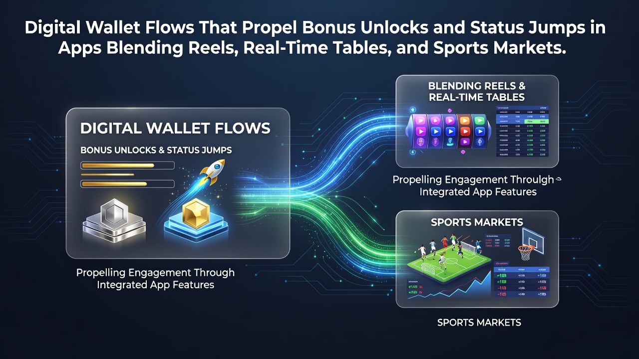 Digital wallet interface showing seamless transfers between slots, live tables, and sports betting sections in a mobile app