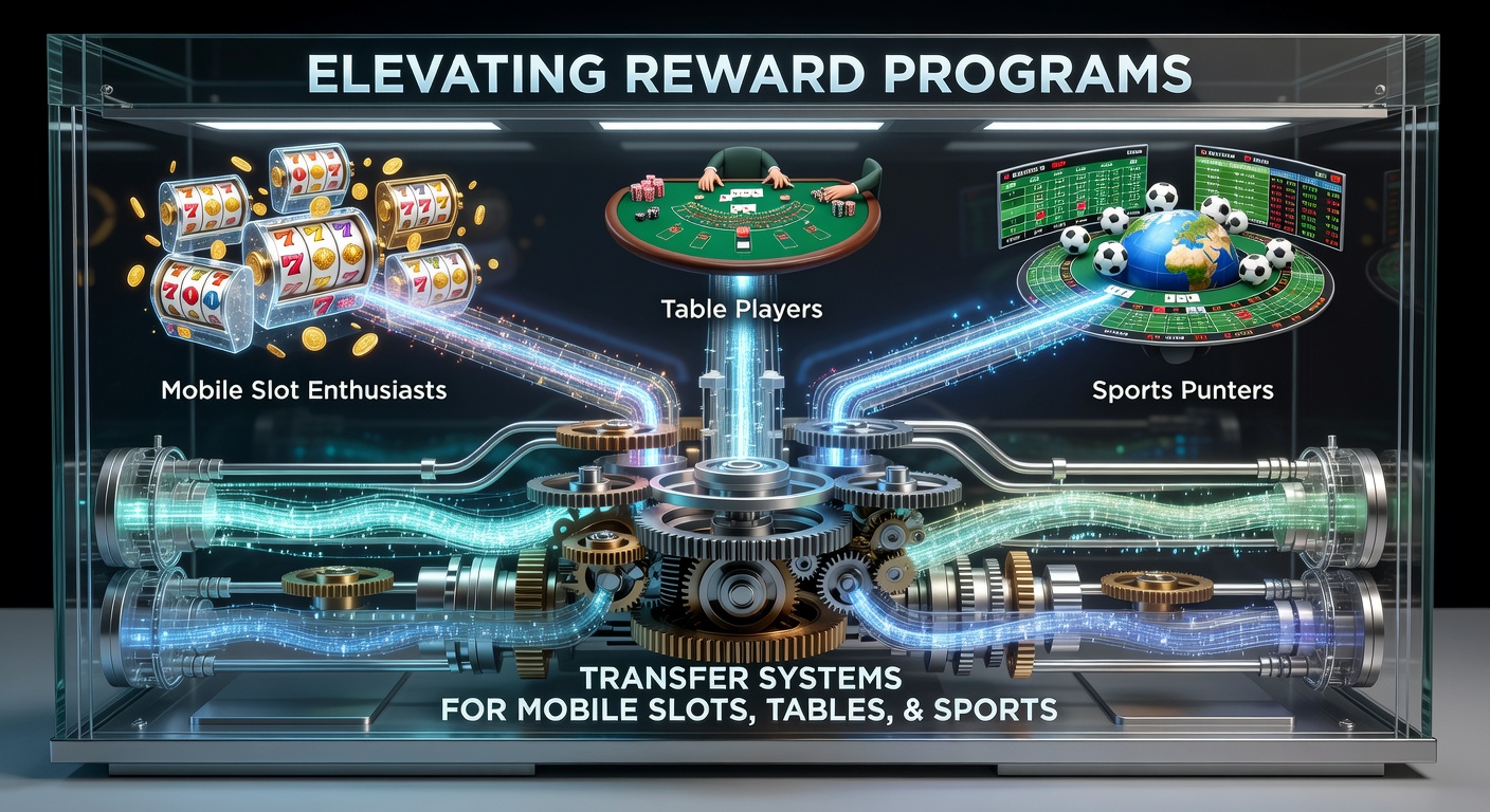 Mobile gaming interface showing seamless fund transfers between slots, table games, and sports betting sections