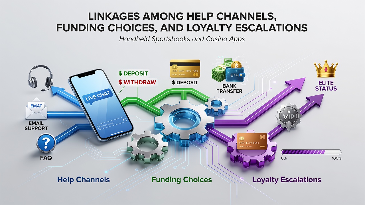 Mobile sportsbook and casino app interfaces displaying integrated support chat, deposit options, and loyalty progress indicators