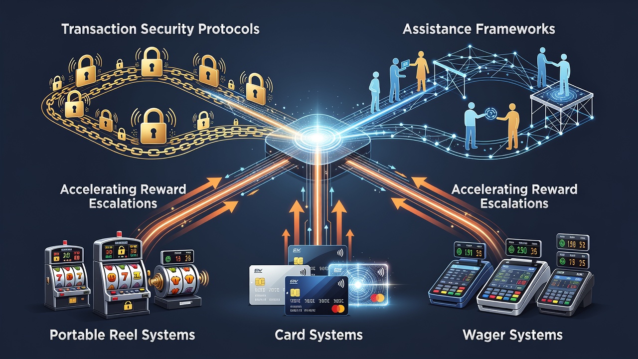Secure transaction pathways integrated with mobile reel, card, and wager systems showing protocol convergence
