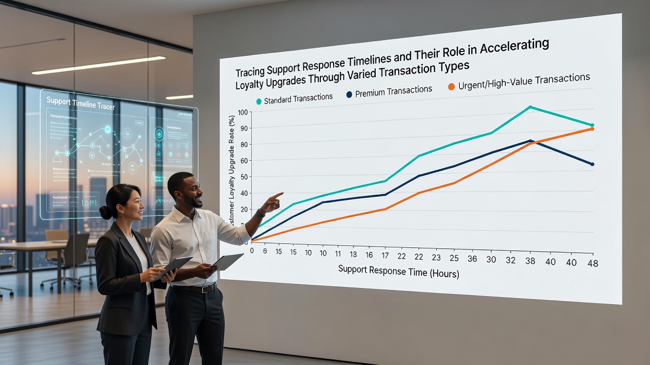 Dashboard view of loyalty tier progression linked to transaction confirmations and support ticket resolution times on a smartphone interface
