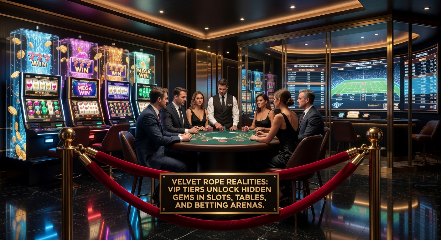 VIP lounge entrance with velvet ropes and glowing slot machines in the background, highlighting exclusive access in a bustling casino